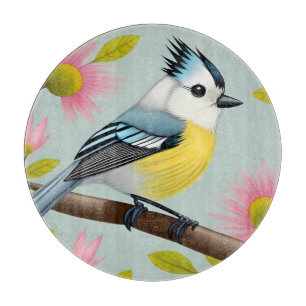 Farbiger Vogel auf Ast gerahmt mit Blumen Schneidebrett