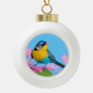 Farbiger Vogel auf blühendem Ast Keramik Kugel-Ornament