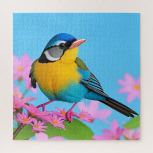 Farbiger Vogel auf blühendem Ast Puzzle