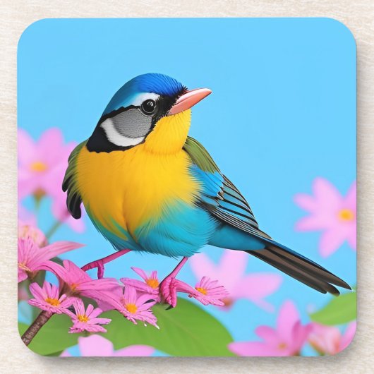 Farbiger Vogel auf blühender Zweigstelle Getränkeuntersetzer (Vorderseite)