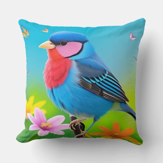 Farbiger Vogel auf blühender Zweigstelle Kissen (Vorderseite)