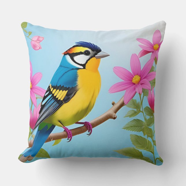 Farbiger Vogel auf blühender Zweigstelle Kissen (Vorderseite)