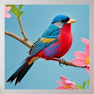 Farbiger Vogel auf blühender Zweigstelle Poster