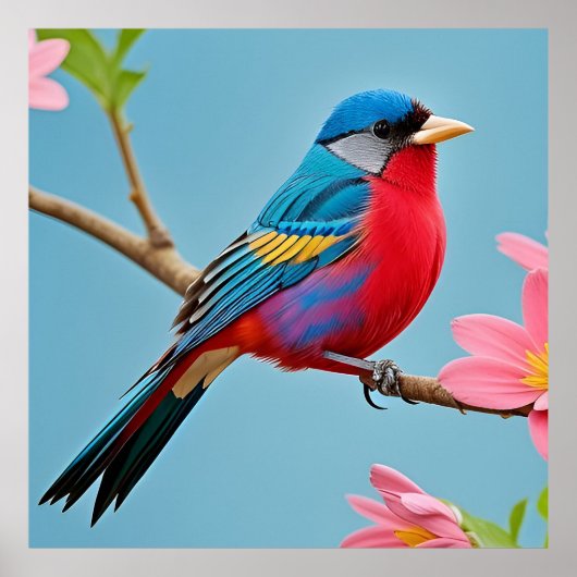 Farbiger Vogel auf blühender Zweigstelle Poster (Vorne)