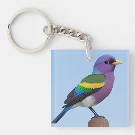 Farbiger Vogel auf einer Holzpfeife Schlüsselanhänger (Vorderseite)