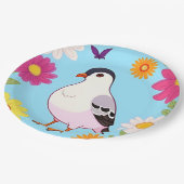 Farbiger Vogel auf Zweig Gerahmt mit Blume Pappteller (Schrägansicht)