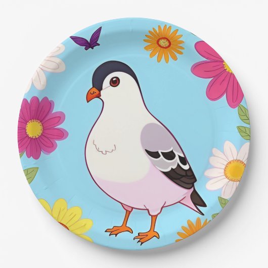 Farbiger Vogel auf Zweig Gerahmt mit Blume Pappteller (Vorderseite)