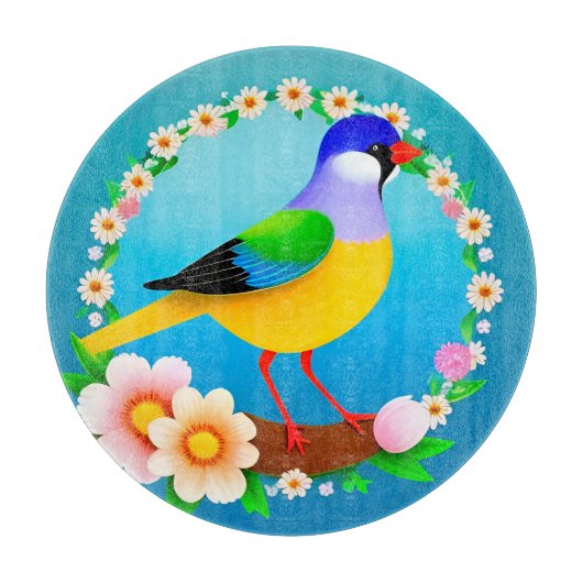 Farbiger Vogel auf Zweig Gerahmt mit Blume Schneidebrett (Vorderseite)