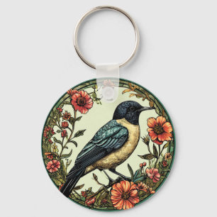 Farbiger Vogel in einem floralen Design Schlüsselanhänger