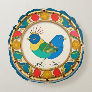 Farbiger Vogel in kunstvoll gerahmtem Kunstwerk Rundes Kissen