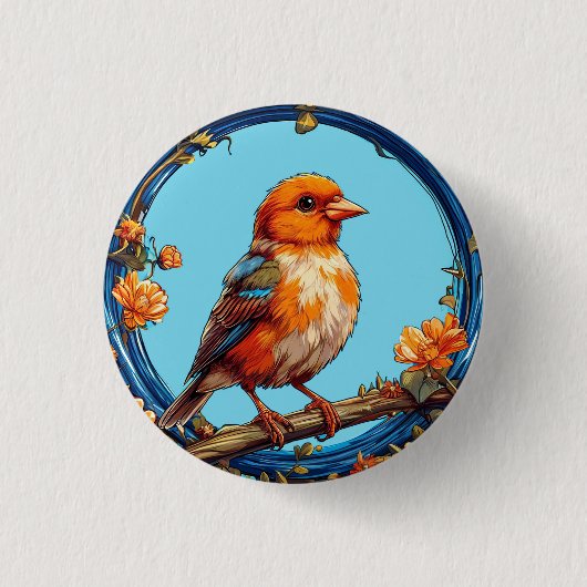 Farbiger Vogel mit Blumenrahmen Button (Vorderseite)
