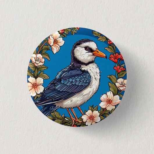 Farbiger Vogel mit Blumenrahmen Button (Vorderseite)
