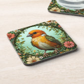 Farbiger Vogel mit Blumenrahmen Getränkeuntersetzer (Linke Seite)