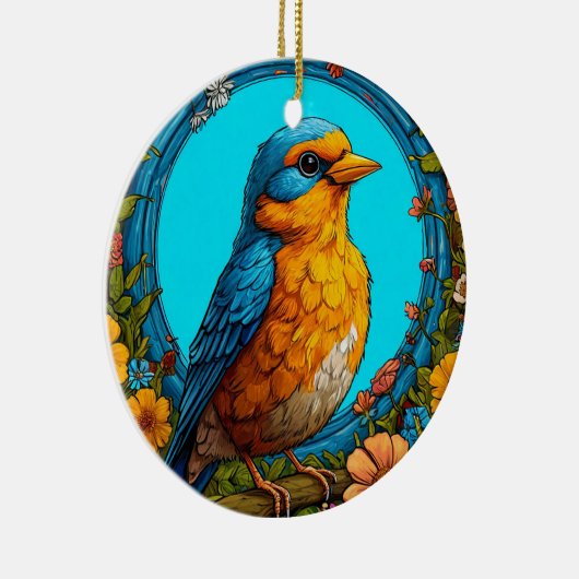 Farbiger Vogel mit Blumenrahmen Keramik Ornament (Rechts)