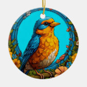 Farbiger Vogel mit Blumenrahmen Keramik Ornament (Vorne)