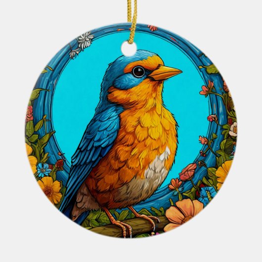 Farbiger Vogel mit Blumenrahmen Keramik Ornament (Vorne)