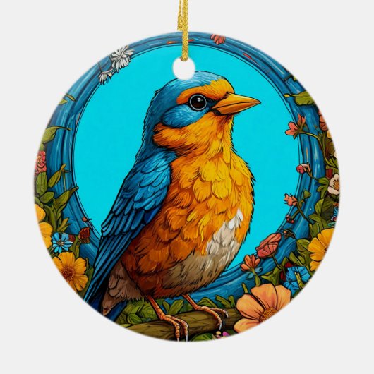 Farbiger Vogel mit Blumenrahmen Keramik Ornament (Hinten)