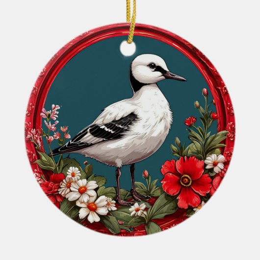 Farbiger Vogel mit Blumenrahmen Keramik Ornament (Vorne)