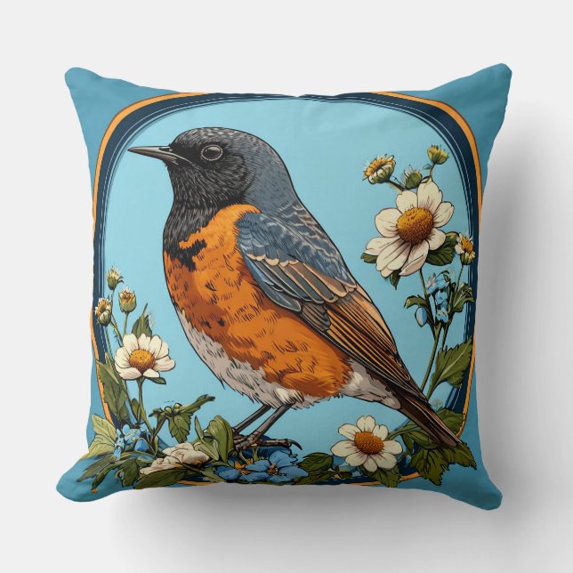 Farbiger Vogel mit Blumenrahmen Kissen (Vorderseite)