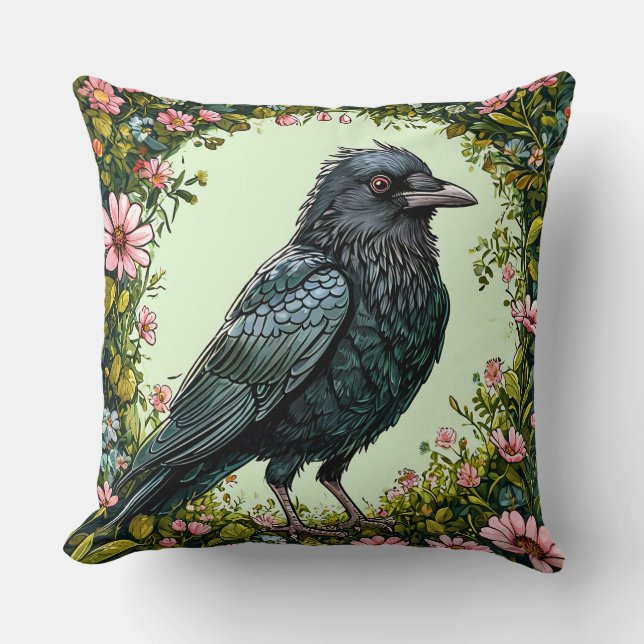 Farbiger Vogel mit Blumenrahmen Kissen (Vorderseite)