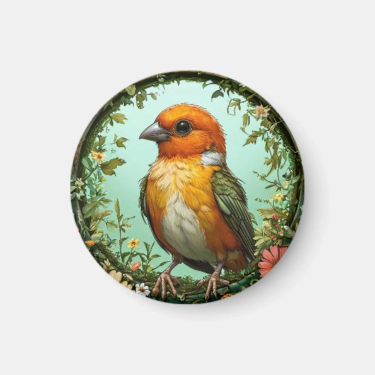 Farbiger Vogel mit Blumenrahmen Magnet (Vorne)