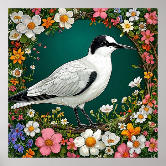 Farbiger Vogel mit Blumenrahmen Poster (Vorne)