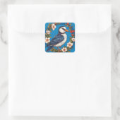 Farbiger Vogel mit Blumenrahmen Quadratischer Aufkleber (Tasche)