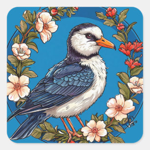 Farbiger Vogel mit Blumenrahmen Quadratischer Aufkleber
