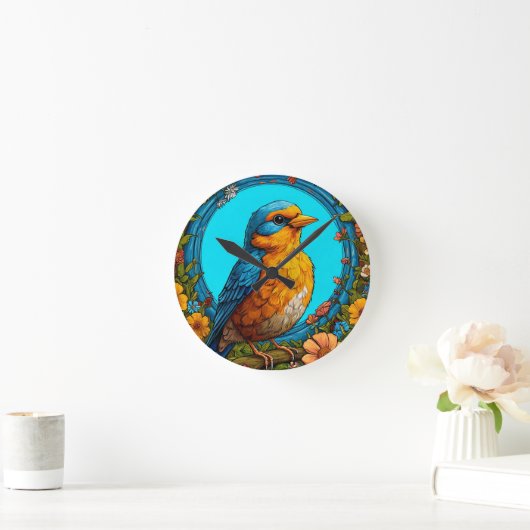 Farbiger Vogel mit Blumenrahmen Runde Wanduhr (Zuhause)
