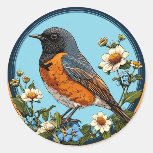 Farbiger Vogel mit Blumenrahmen Runder Aufkleber (Vorderseite)