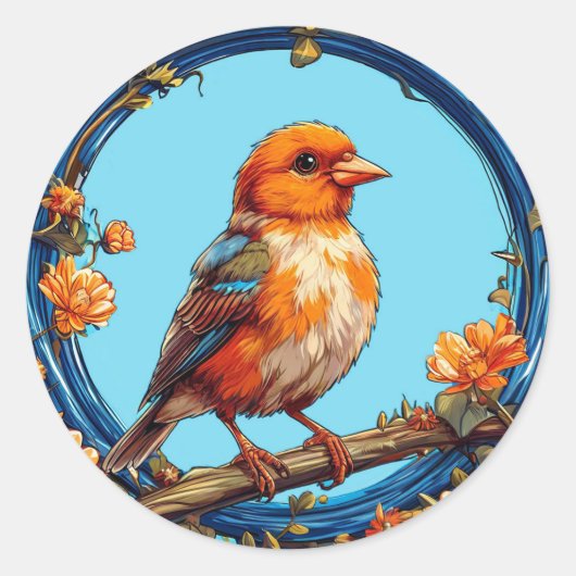 Farbiger Vogel mit Blumenrahmen Runder Aufkleber (Vorderseite)