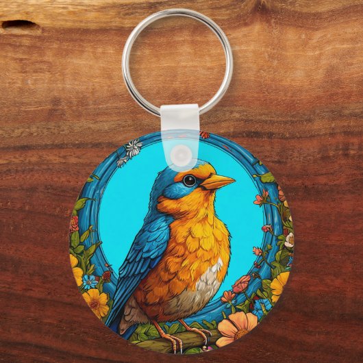 Farbiger Vogel mit Blumenrahmen Schlüsselanhänger (Rückseite)