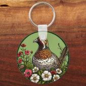 Farbiger Vogel mit Blumenrahmen Schlüsselanhänger (Vorderseite)