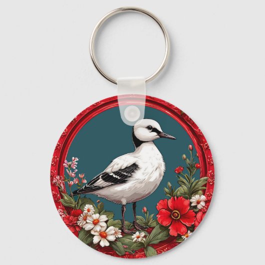 Farbiger Vogel mit Blumenrahmen Schlüsselanhänger (Vorderseite)