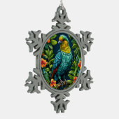 Farbiger Vogel mit Blumenrahmen Schneeflocken Zinn-Ornament (Links)