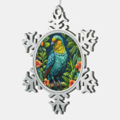 Farbiger Vogel mit Blumenrahmen Schneeflocken Zinn-Ornament (Rechts)