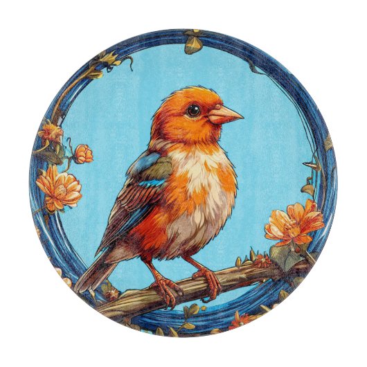 Farbiger Vogel mit Blumenrahmen Schneidebrett (Vorderseite)