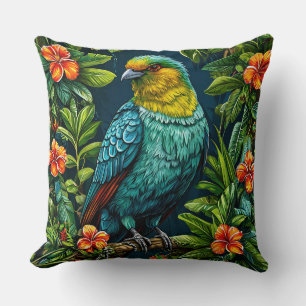 Farbiger Vogel mit floralem Rahmen Kissen