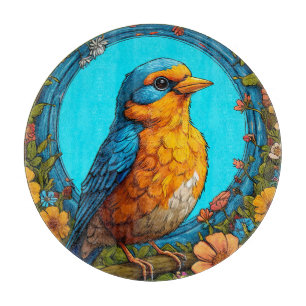 Farbiger Vogel mit floralem Rahmen Schneidebrett