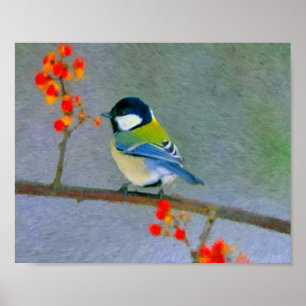 Farbiger Vogel mit rot-orangefarbenen Blume Poster