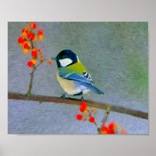 Farbiger Vogel mit rot-orangefarbenen Blume Poster (Vorne)