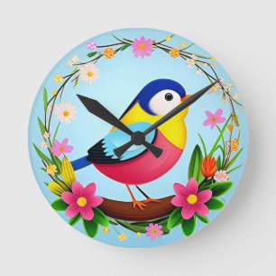 Farbiger Vogel umgeben von einem Blumenkranz Runde Wanduhr