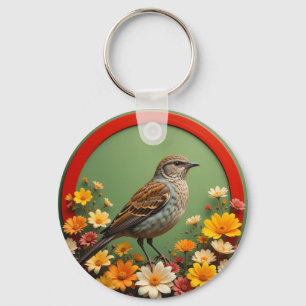 Farbiger Vogel zwischen blühenden Blumen in dekora Schlüsselanhänger