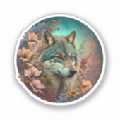 Farbiger Wolf mit Blume Aufkleber (Vorderseite)