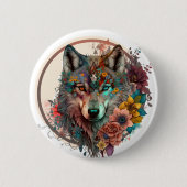 Farbiger Wolf mit Blume Button (Vorderseite)