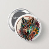 Farbiger Wolf mit Blume Button (Vorne & Hinten)