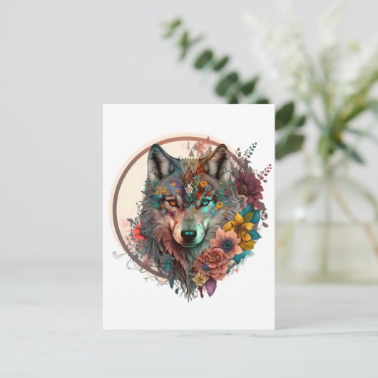 Farbiger Wolf mit Blume Postkarte (Stehend Vorderseite)