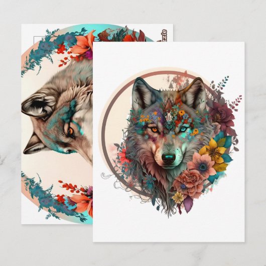Farbiger Wolf mit Blume Postkarte (Vorne/Hinten)