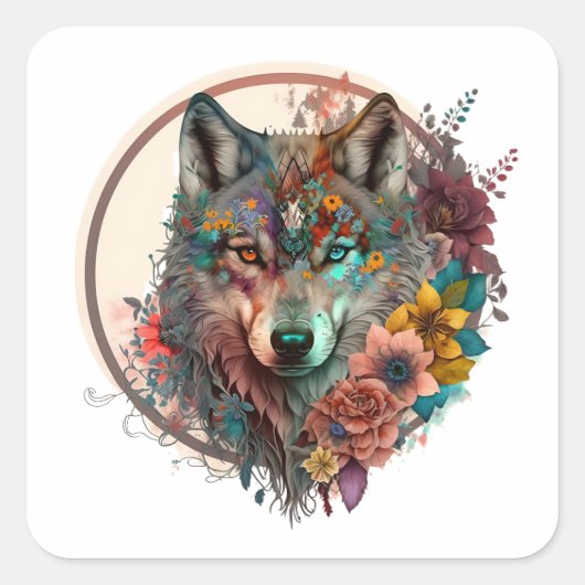 Farbiger Wolf mit Blume Quadratischer Aufkleber (Vorderseite)