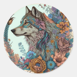 Farbiger Wolf mit Blume Runder Aufkleber